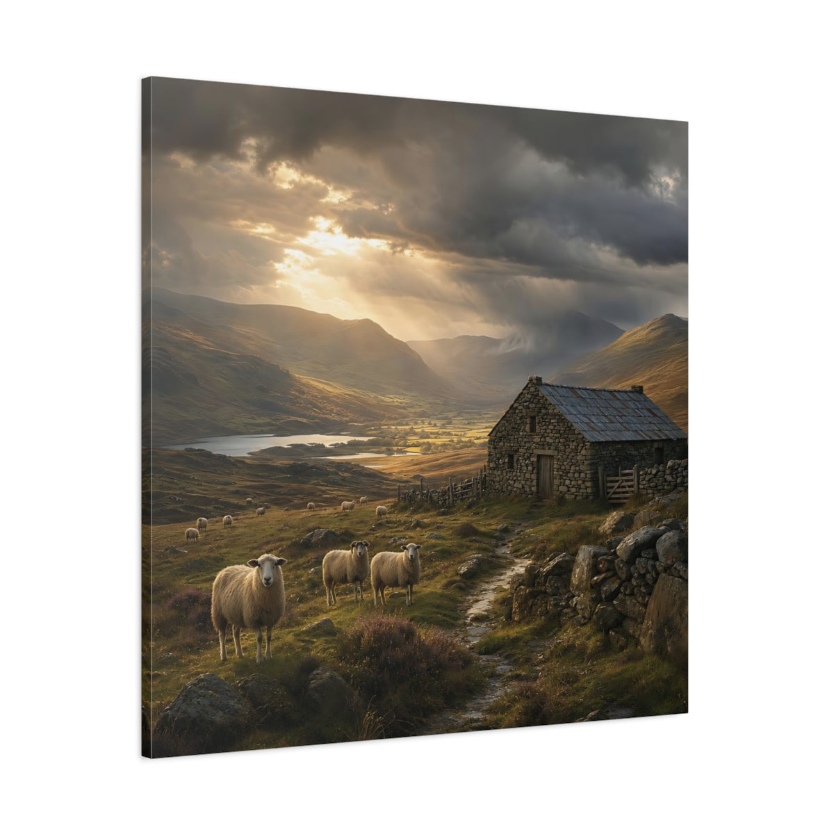 Side Mockup 1. Nature Sheep Earthy Tones Landscape shown as stretched canvas wall art