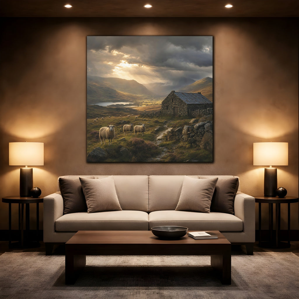 Mockup 2. Nature Sheep Earthy Tones Landscape shown as stretched canvas wall art