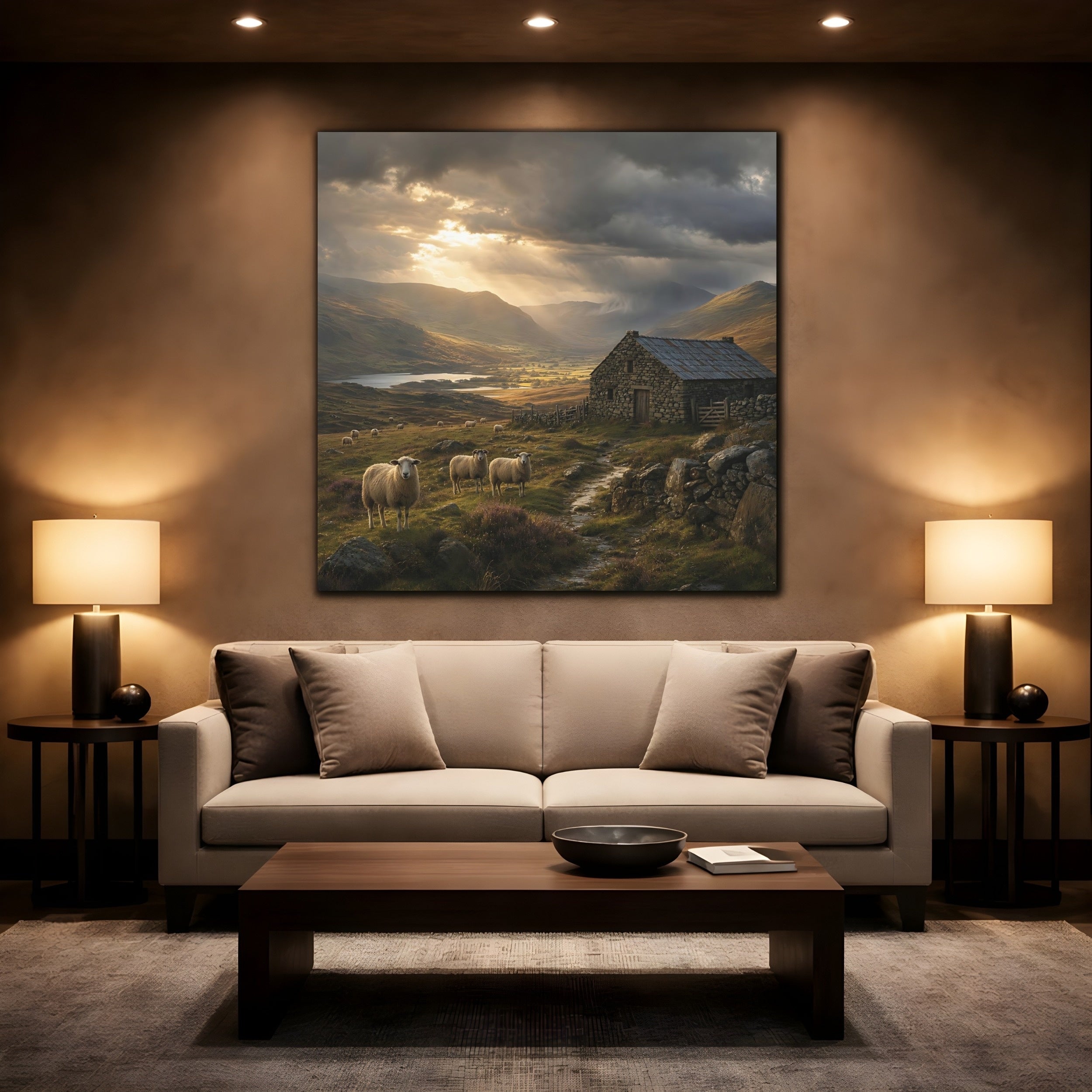 Mockup 2. Nature Sheep Earthy Tones Landscape shown as stretched canvas wall art