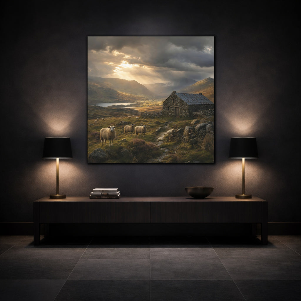 Mockup 3. Nature Sheep Earthy Tones Landscape shown as stretched canvas wall art