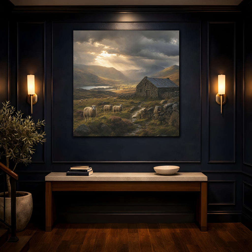 Mockup 4. Nature Sheep Earthy Tones Landscape shown as stretched canvas wall art
