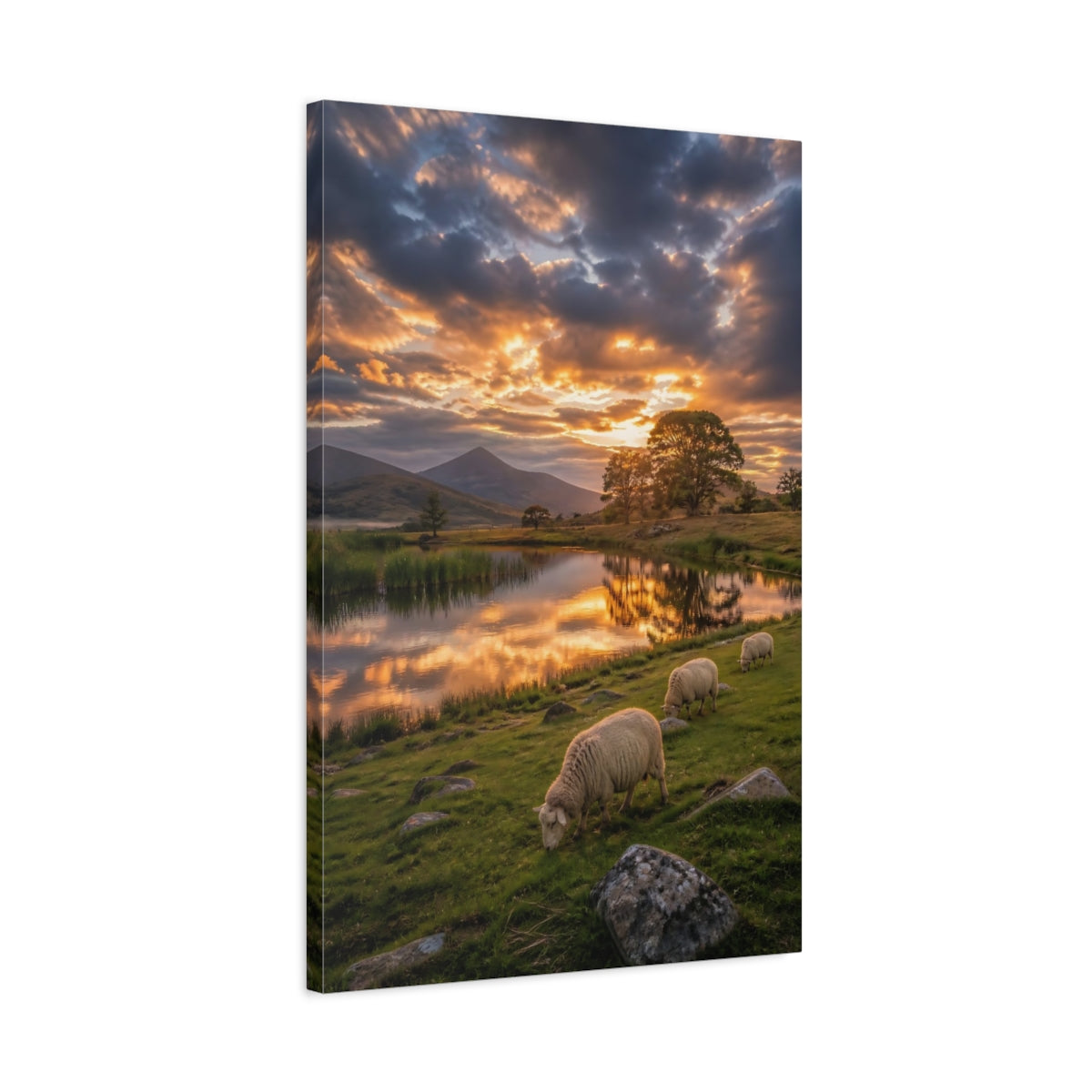 Side Mockup 2. Nature Sheep Golden Hour Landscape shown as stretched canvas wall art