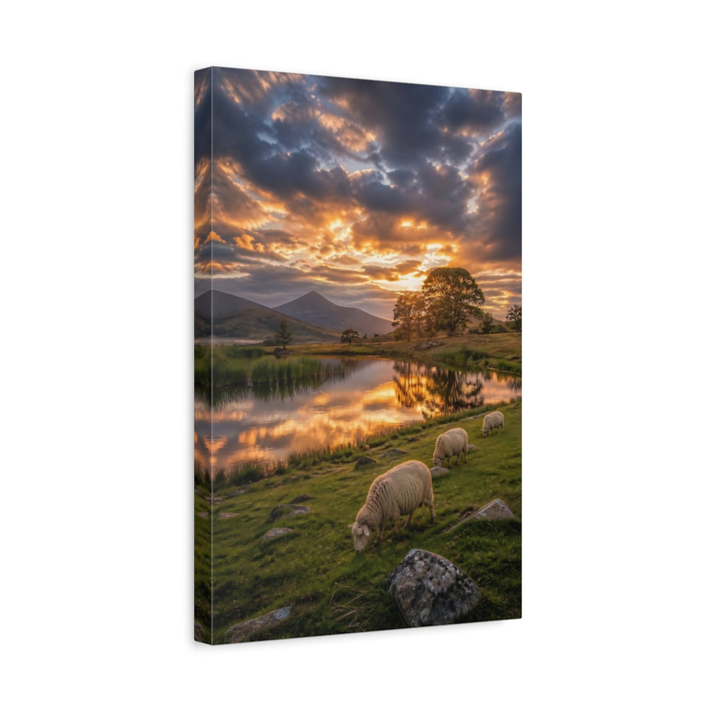 Side Mockup 4. Nature Sheep Golden Hour Landscape shown as stretched canvas wall art