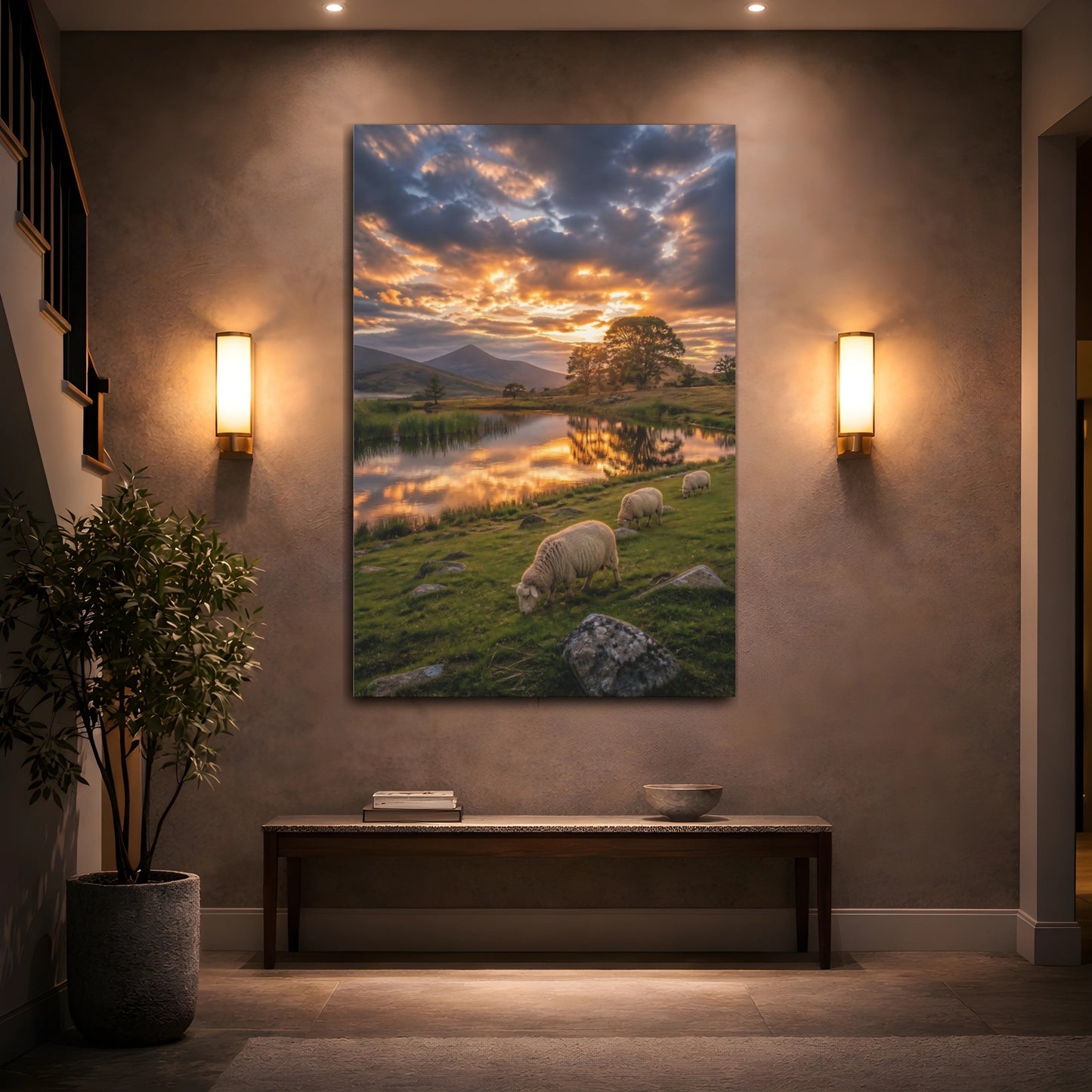 Mockup 2. Nature Sheep Golden Hour Landscape shown as stretched canvas wall art