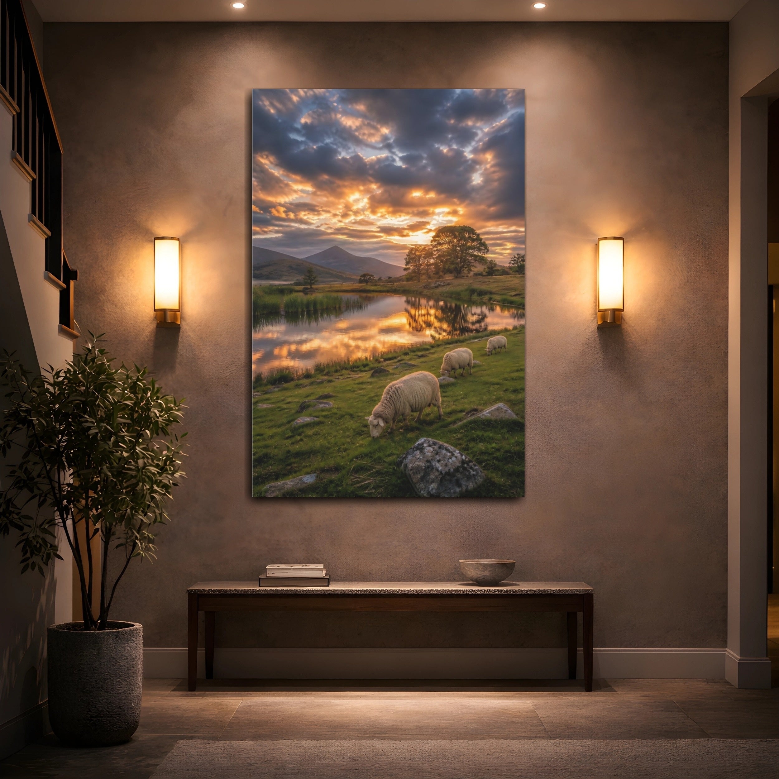 Mockup 2. Nature Sheep Golden Hour Landscape shown as stretched canvas wall art