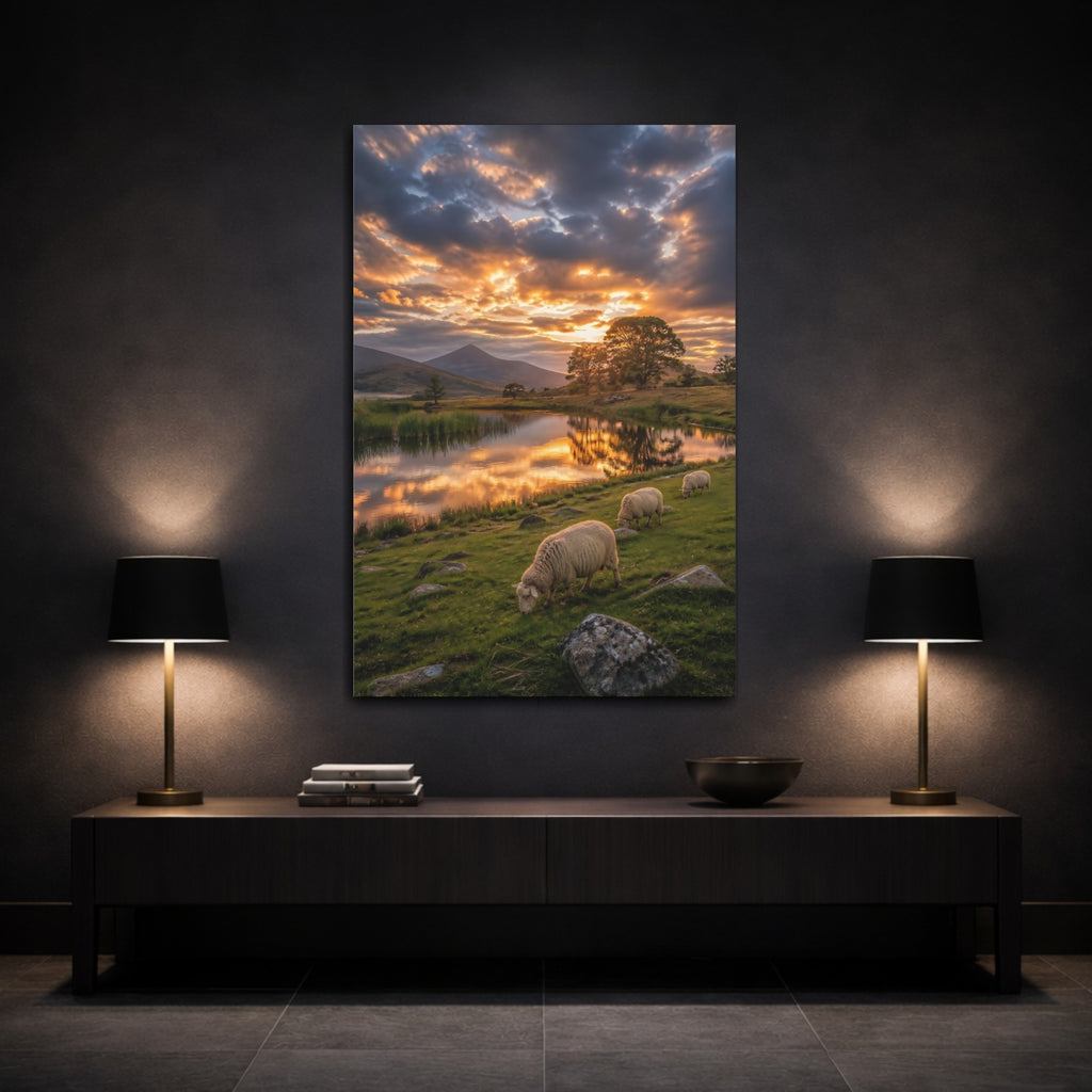 Mockup 3. Nature Sheep Golden Hour Landscape shown as stretched canvas wall art