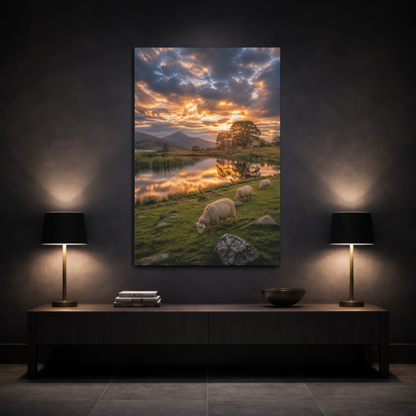 Mockup 3. Nature Sheep Golden Hour Landscape shown as stretched canvas wall art