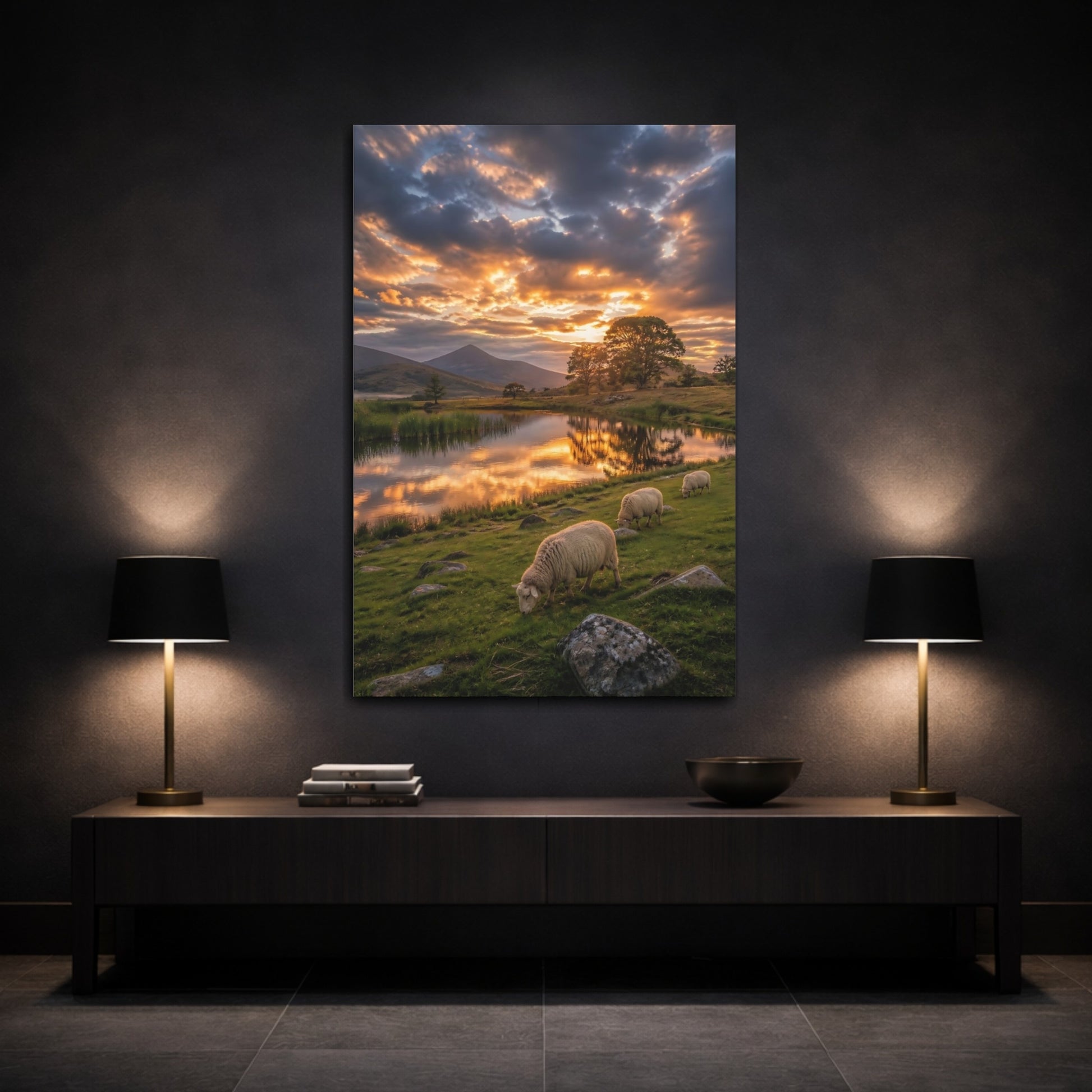 Mockup 3. Nature Sheep Golden Hour Landscape shown as stretched canvas wall art