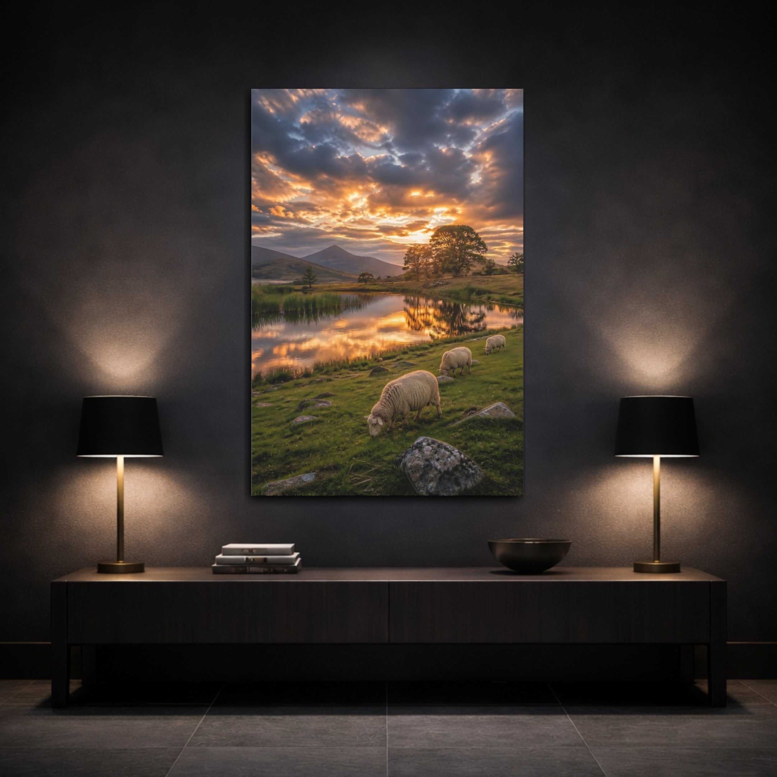 Mockup 3. Nature Sheep Golden Hour Landscape shown as stretched canvas wall art