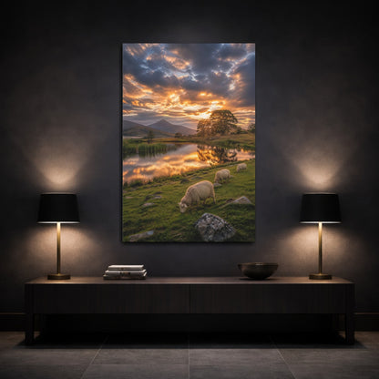 Mockup 3. Nature Sheep Golden Hour Landscape shown as stretched canvas wall art