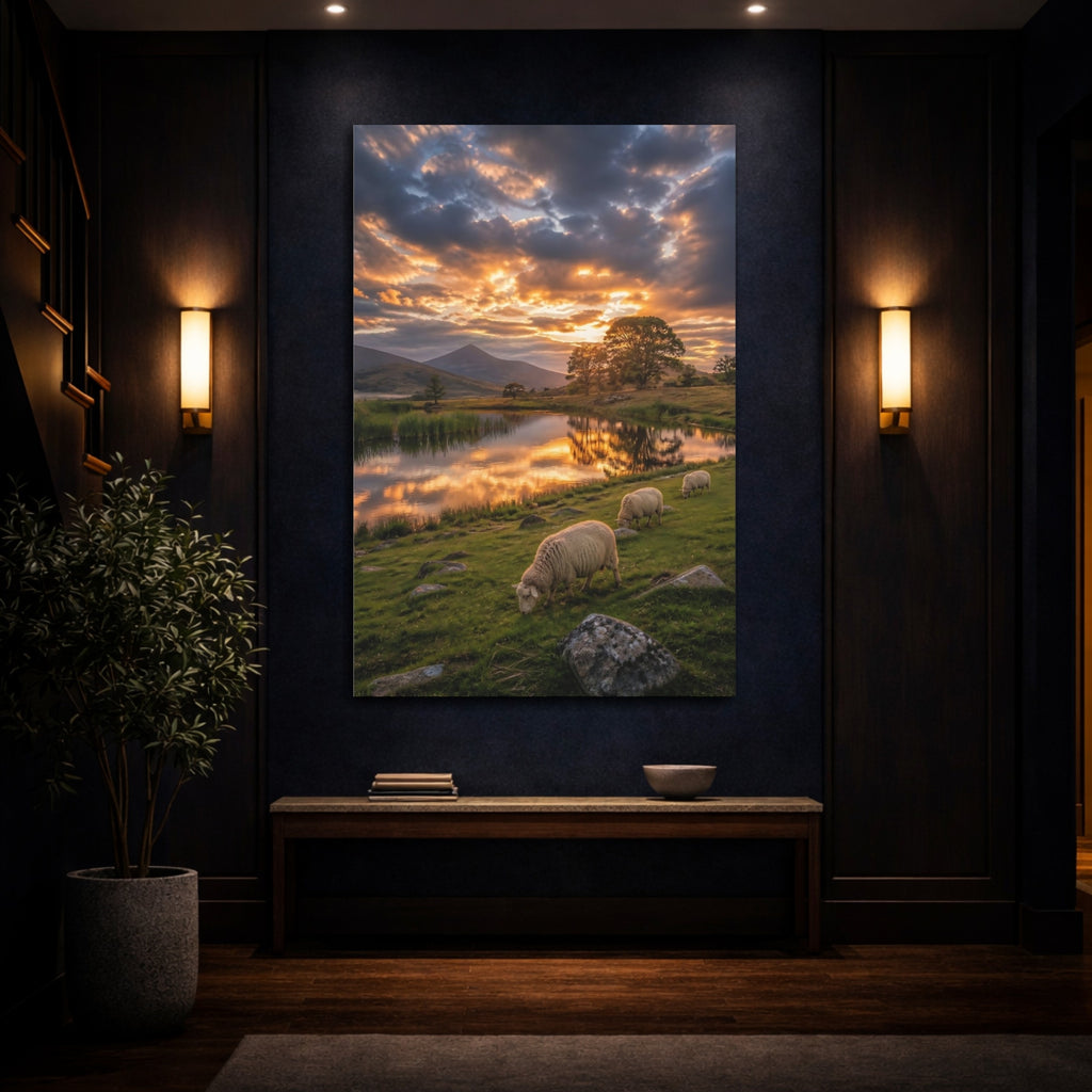 Mockup 4. Nature Sheep Golden Hour Landscape shown as stretched canvas wall art