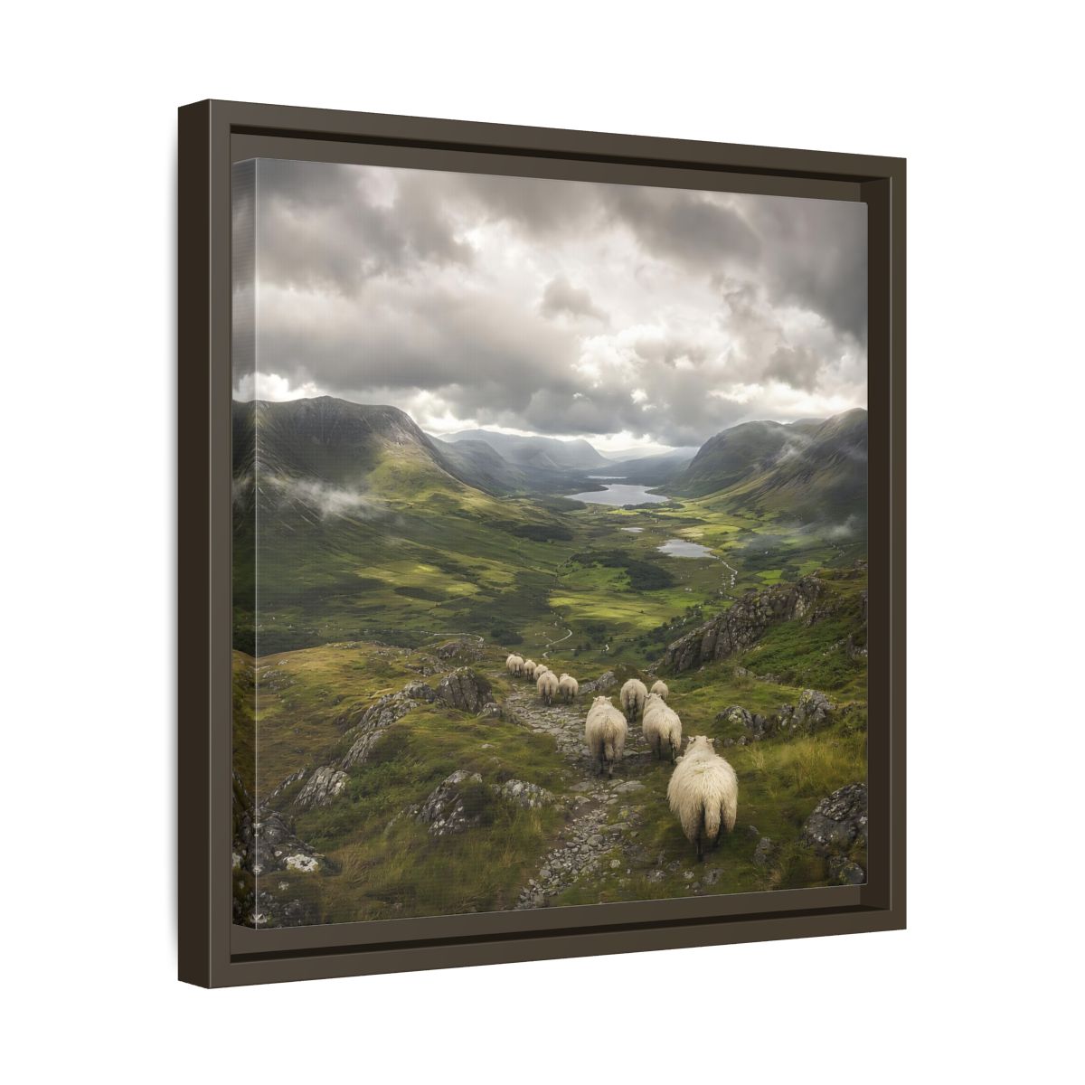 Side Mockup 29. Nature Sheep Green Valley Sheep shown as stretched canvas wall art
