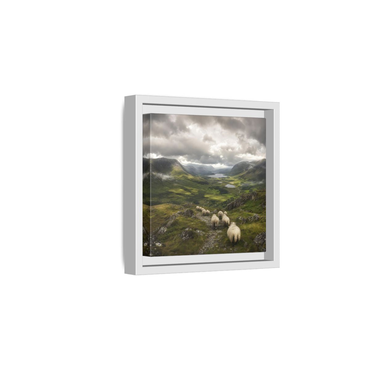 Side Mockup 1. Nature Sheep Green Valley Sheep shown as stretched canvas wall art