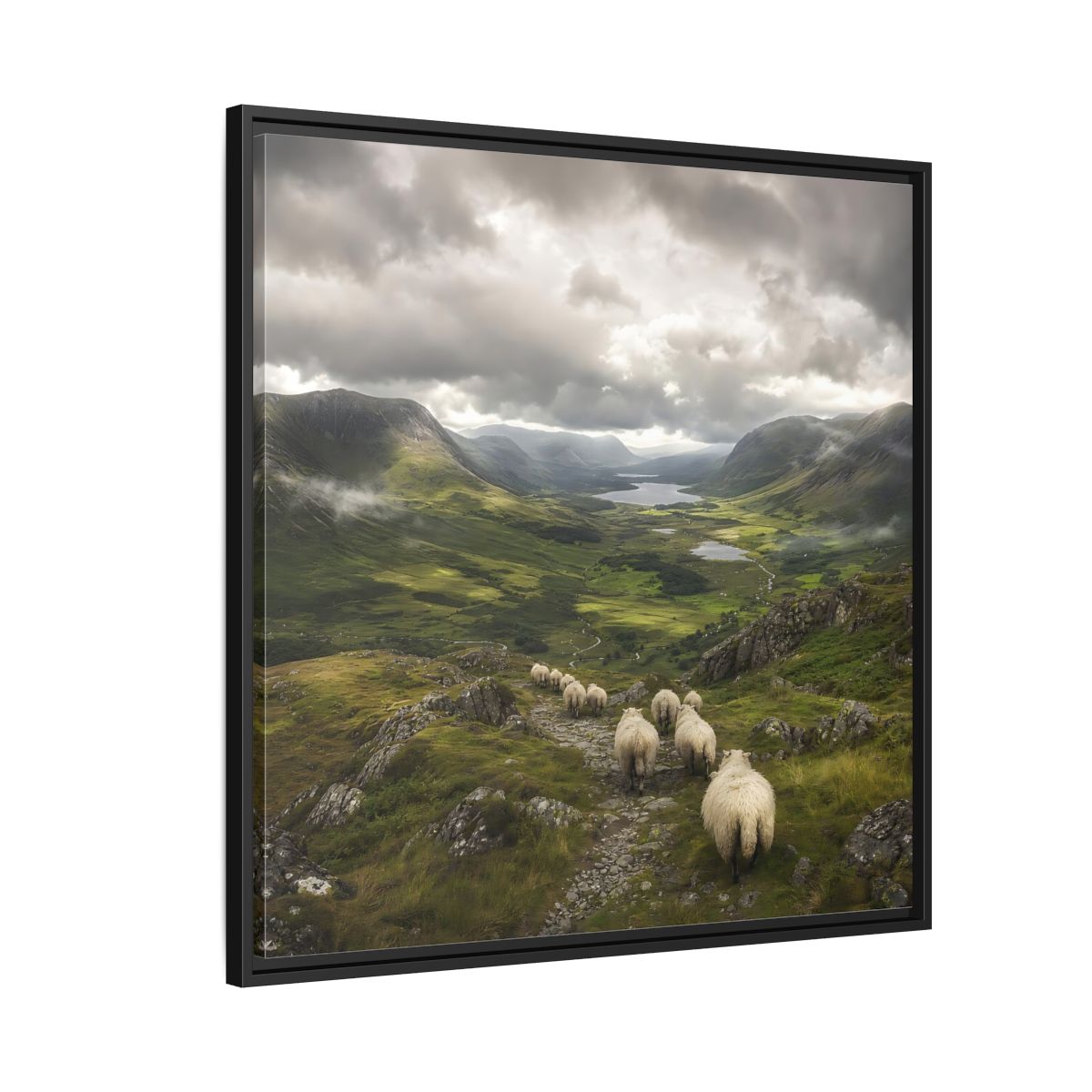 Side Mockup 9. Nature Sheep Green Valley Sheep shown as stretched canvas wall art