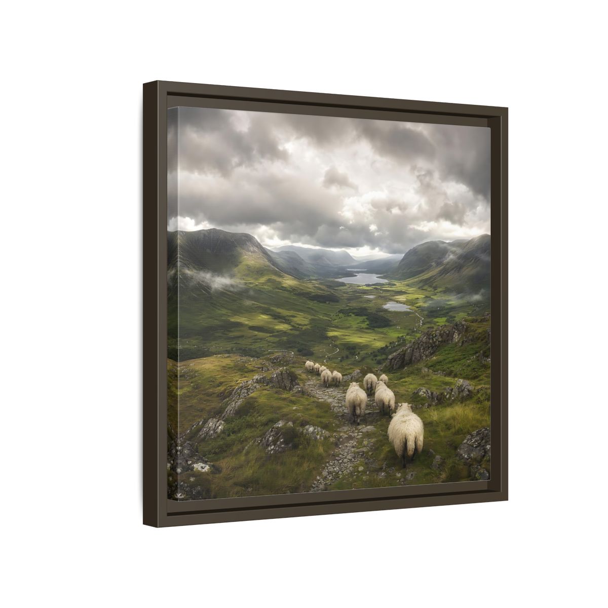 Side Mockup 14. Nature Sheep Green Valley Sheep shown as stretched canvas wall art