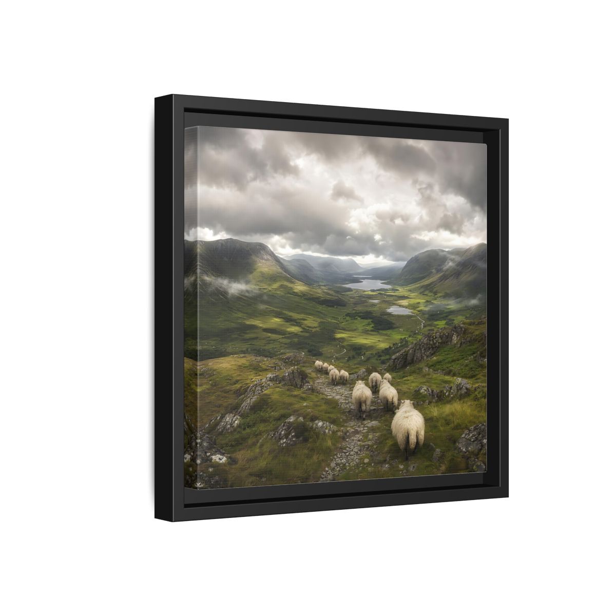 Side Mockup 18. Nature Sheep Green Valley Sheep shown as stretched canvas wall art