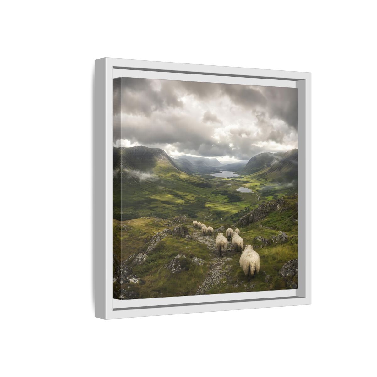 Side Mockup 16. Nature Sheep Green Valley Sheep shown as stretched canvas wall art