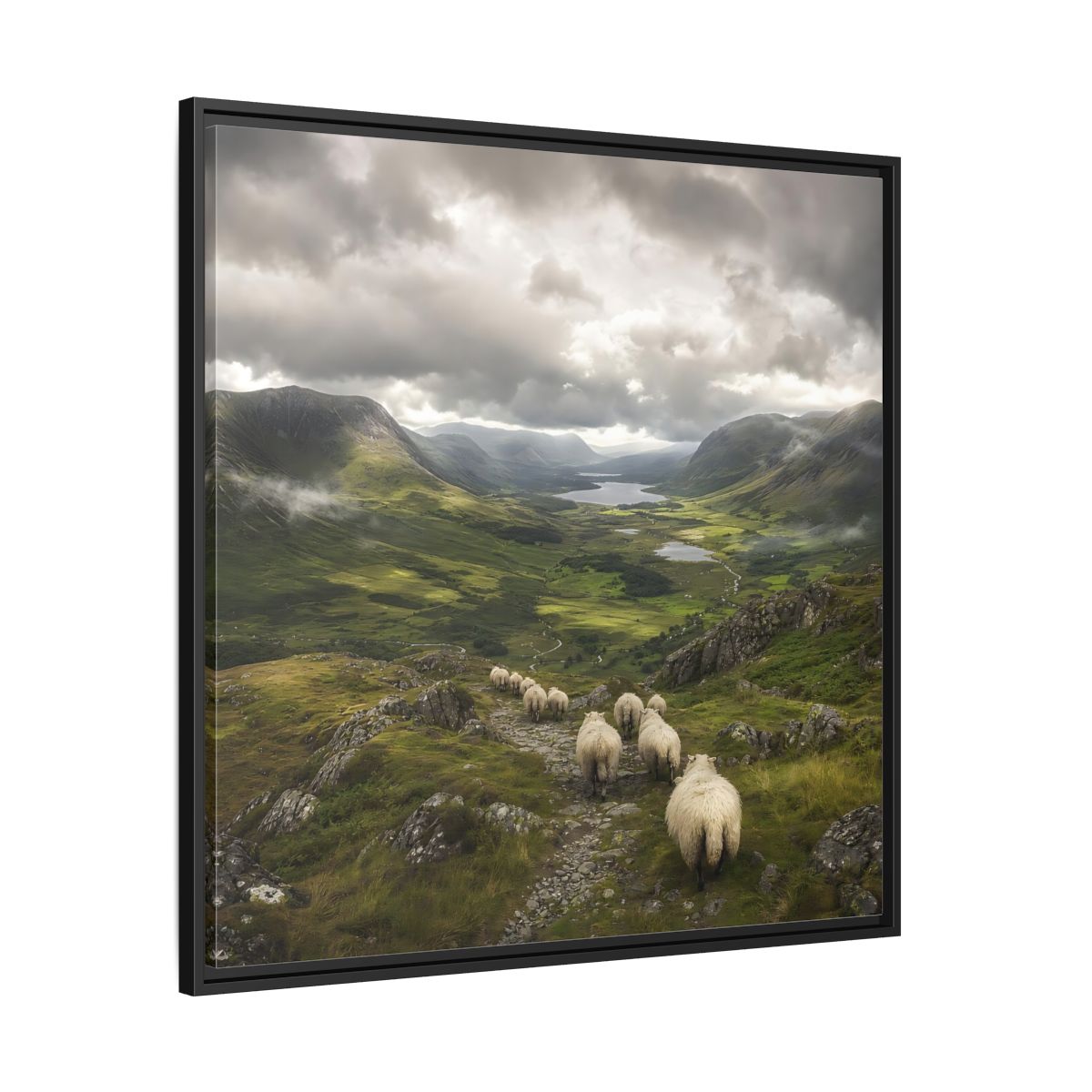 Side Mockup 30. Nature Sheep Green Valley Sheep shown as stretched canvas wall art