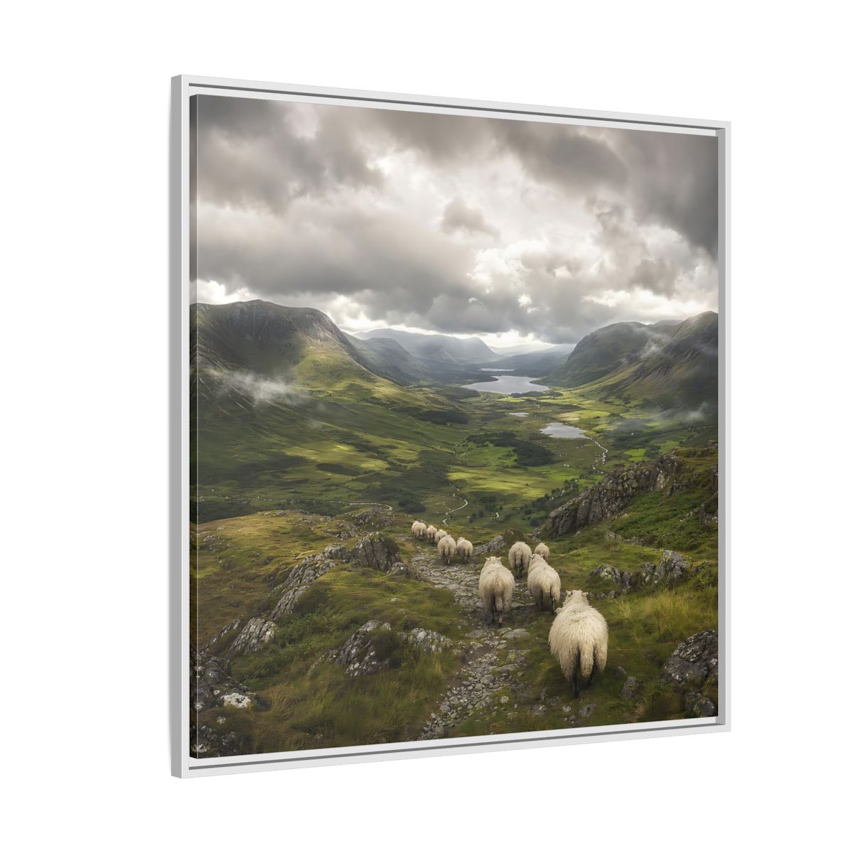 Side Mockup 4. Nature Sheep Green Valley Sheep shown as stretched canvas wall art