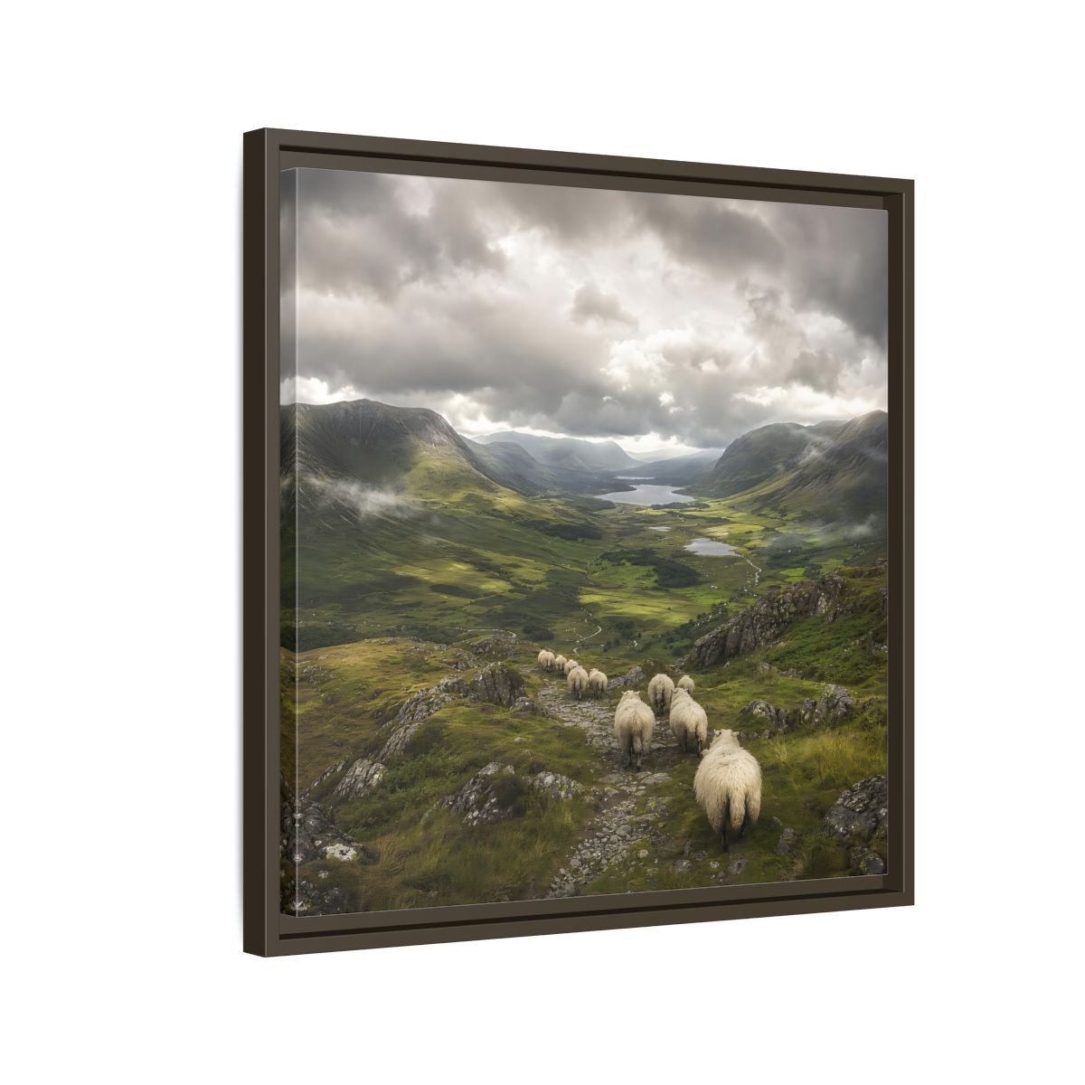 Side Mockup 11. Nature Sheep Green Valley Sheep shown as stretched canvas wall art