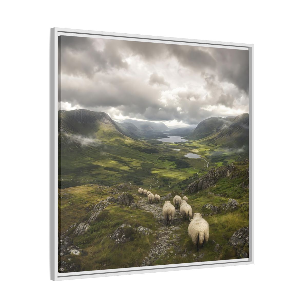 Side Mockup 25. Nature Sheep Green Valley Sheep shown as stretched canvas wall art