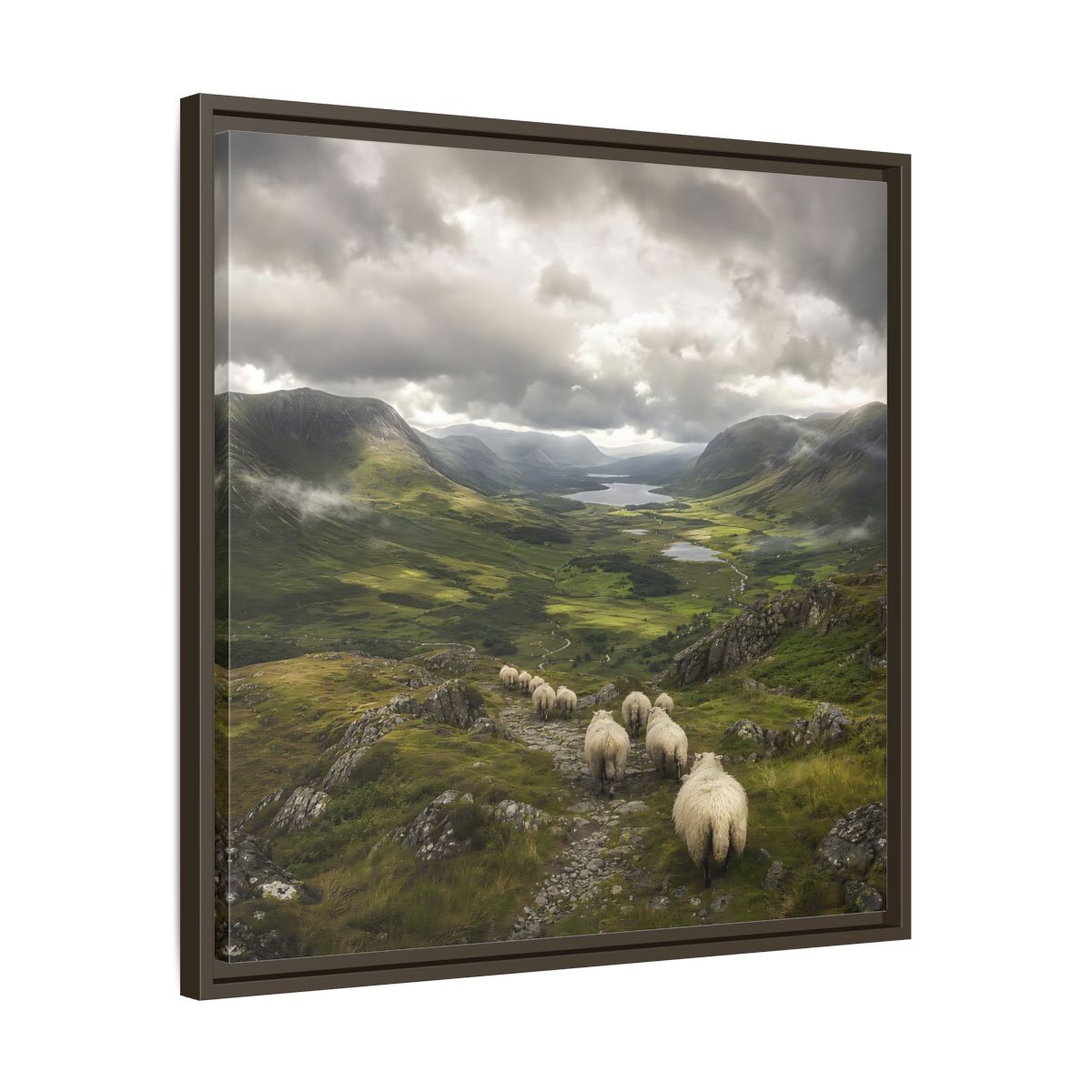Side Mockup 27. Nature Sheep Green Valley Sheep shown as stretched canvas wall art