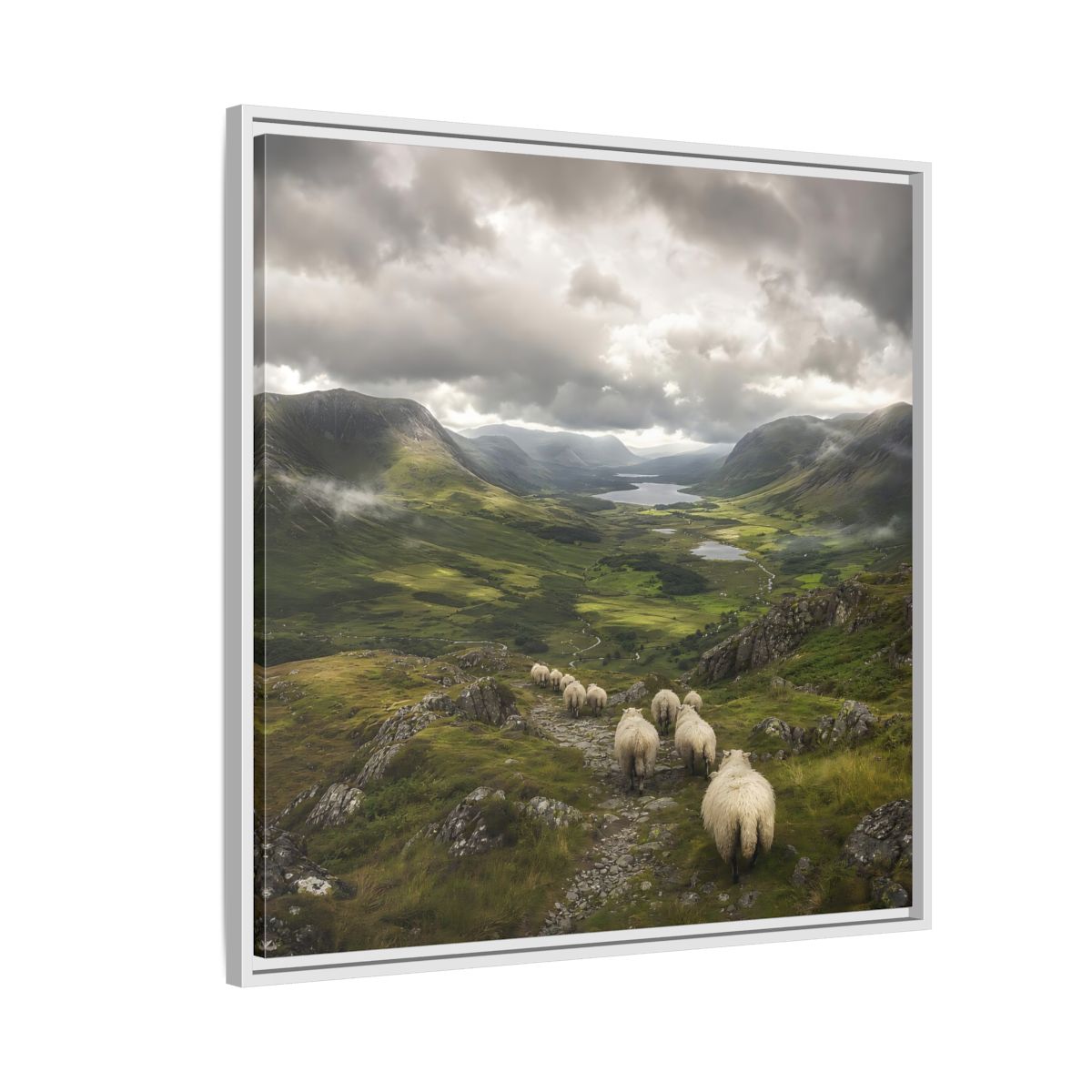 Side Mockup 7. Nature Sheep Green Valley Sheep shown as stretched canvas wall art