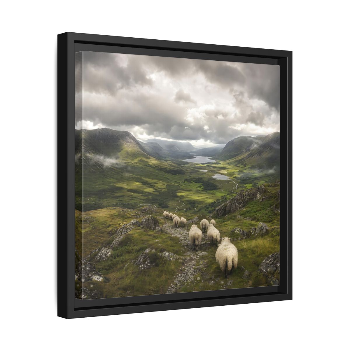 Side Mockup 32. Nature Sheep Green Valley Sheep shown as stretched canvas wall art
