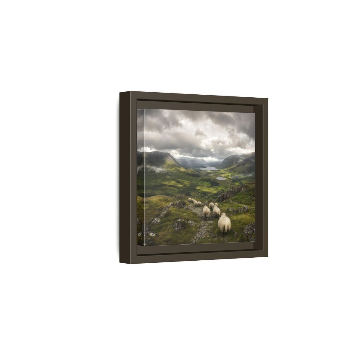 Side Mockup 2. Nature Sheep Green Valley Sheep shown as stretched canvas wall art