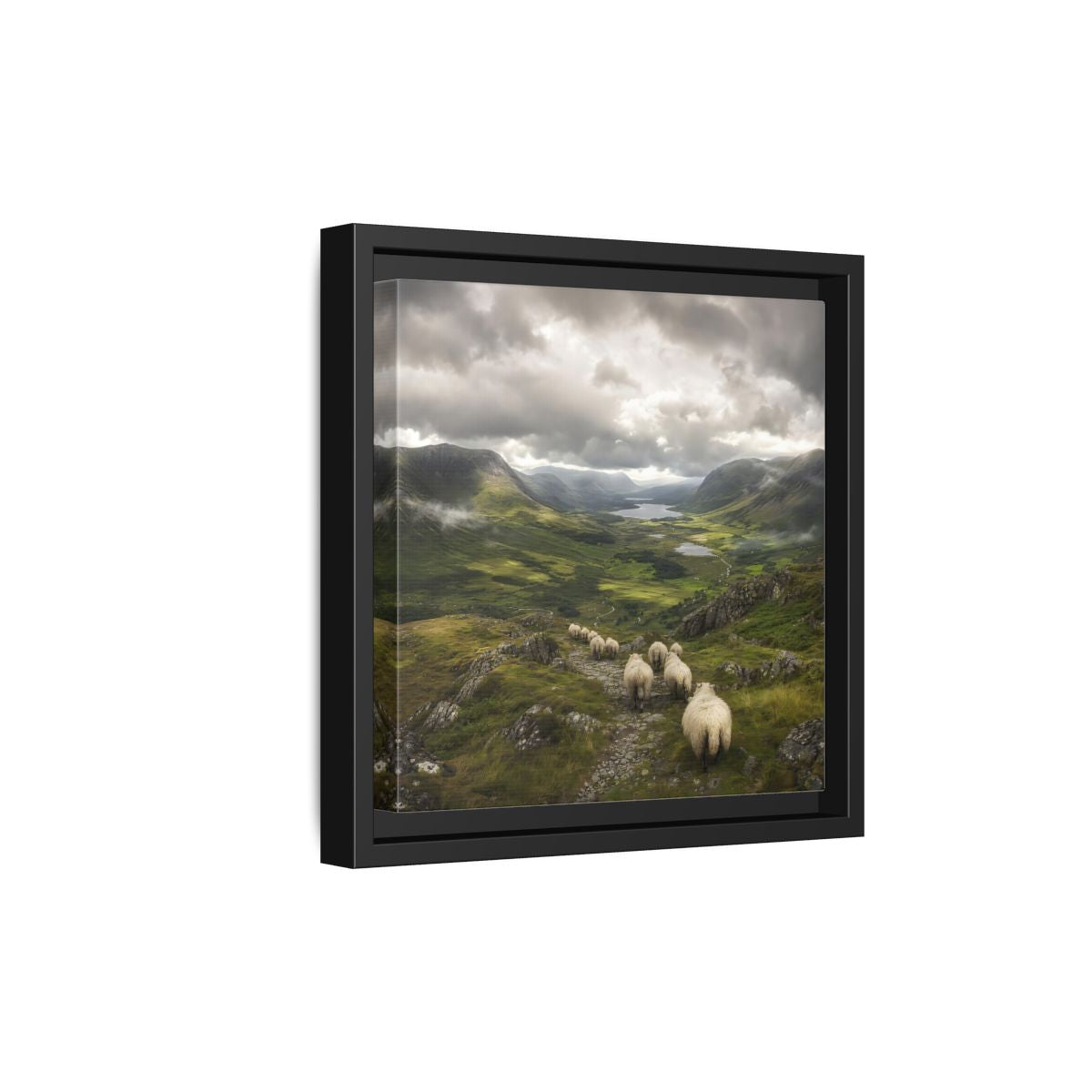 Side Mockup 21. Nature Sheep Green Valley Sheep shown as stretched canvas wall art