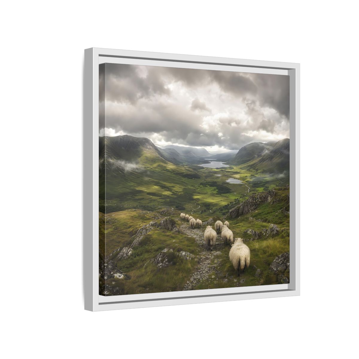 Side Mockup 13. Nature Sheep Green Valley Sheep shown as stretched canvas wall art