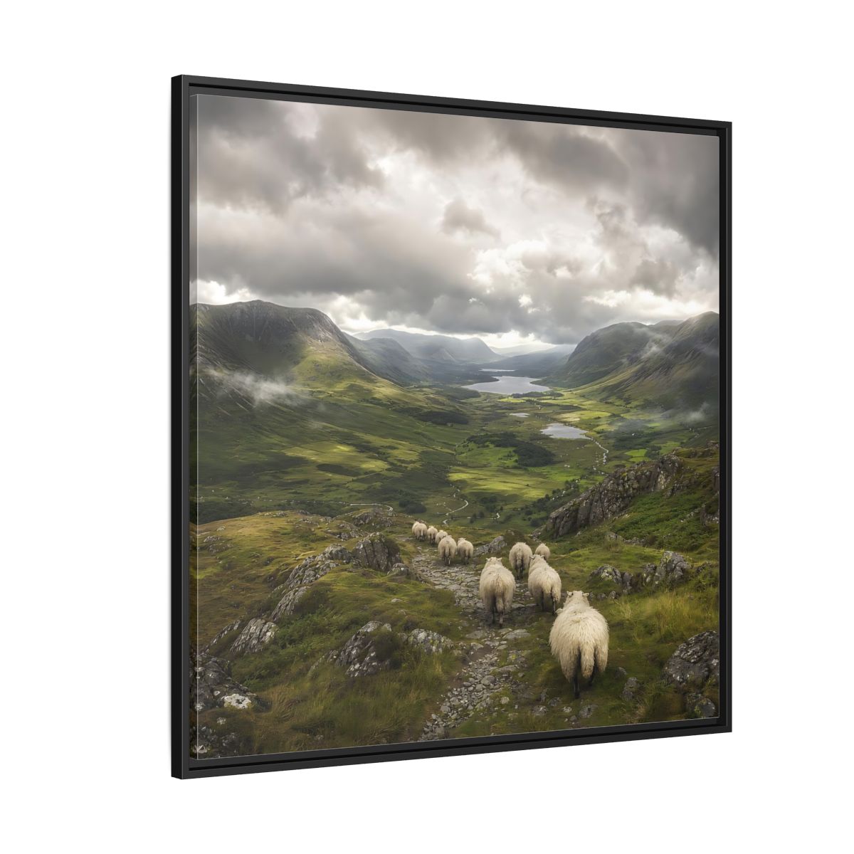 Side Mockup 6. Nature Sheep Green Valley Sheep shown as stretched canvas wall art