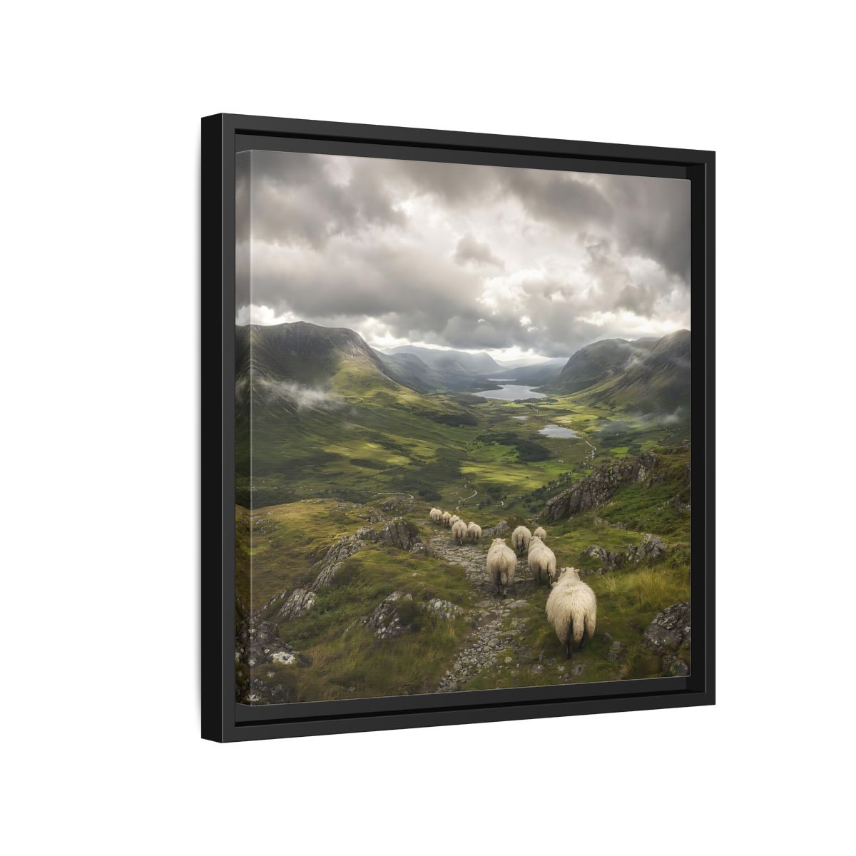 Side Mockup 15. Nature Sheep Green Valley Sheep shown as stretched canvas wall art