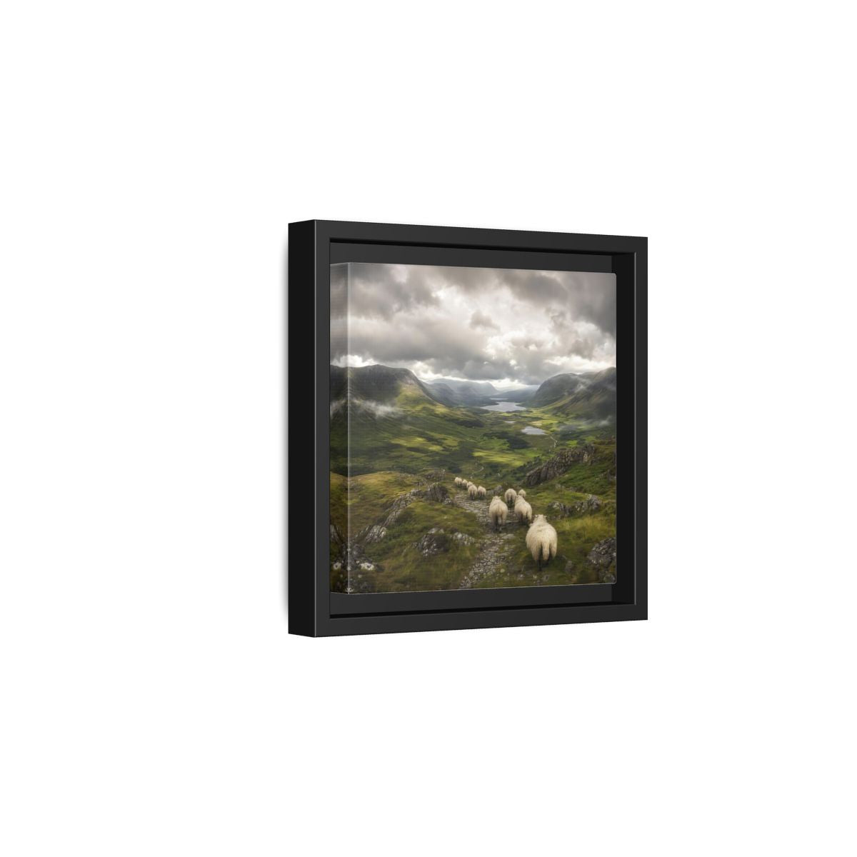 Side Mockup 3. Nature Sheep Green Valley Sheep shown as stretched canvas wall art