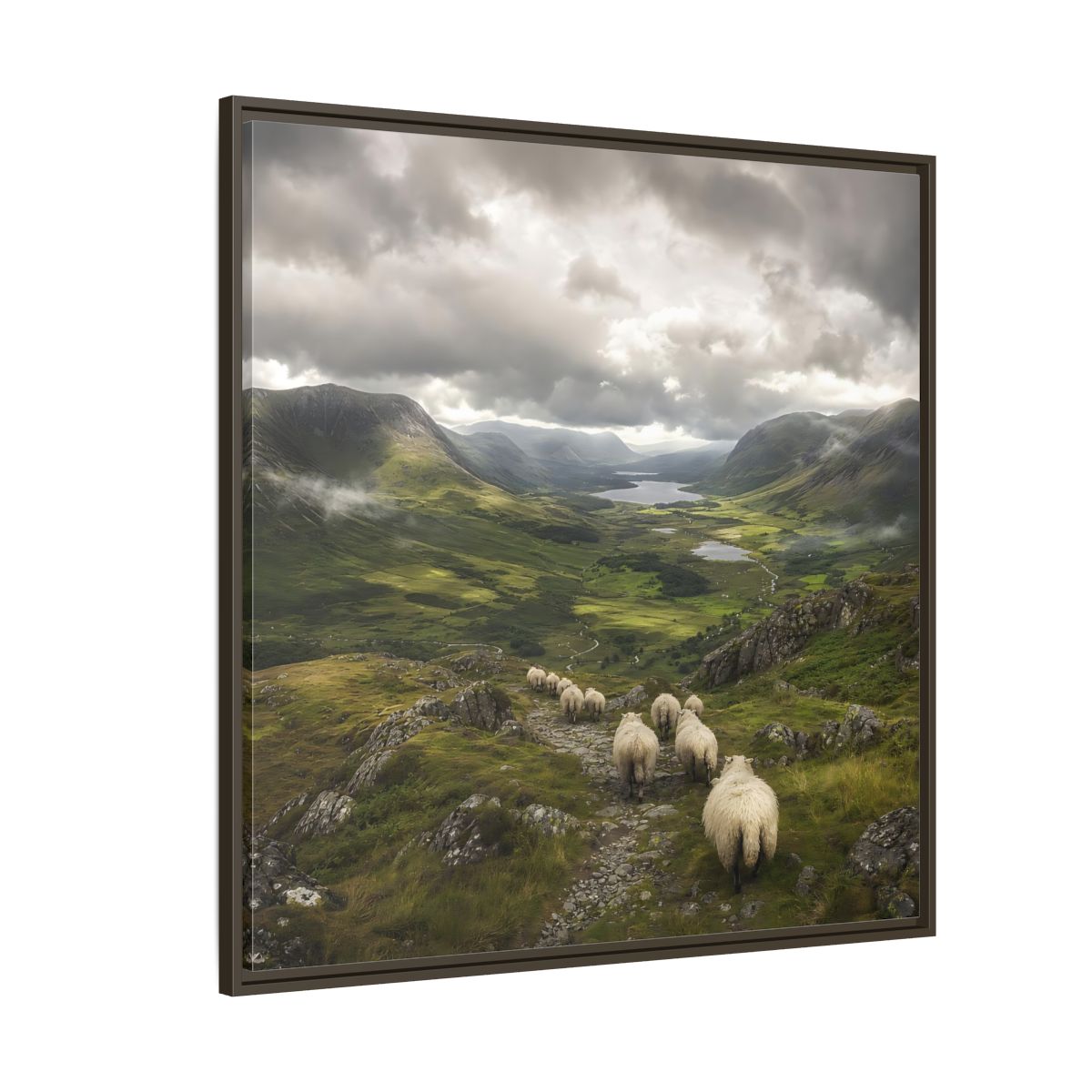 Side Mockup 5. Nature Sheep Green Valley Sheep shown as stretched canvas wall art