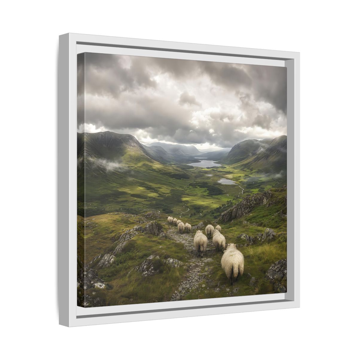 Side Mockup 28. Nature Sheep Green Valley Sheep shown as stretched canvas wall art