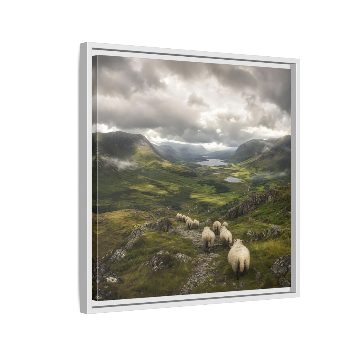 Side Mockup 10. Nature Sheep Green Valley Sheep shown as stretched canvas wall art