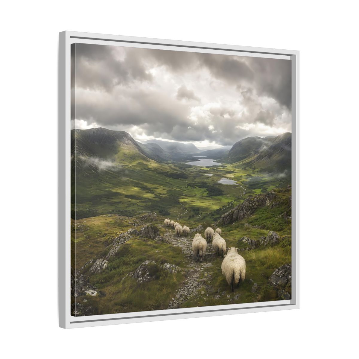 Side Mockup 26. Nature Sheep Green Valley Sheep shown as stretched canvas wall art