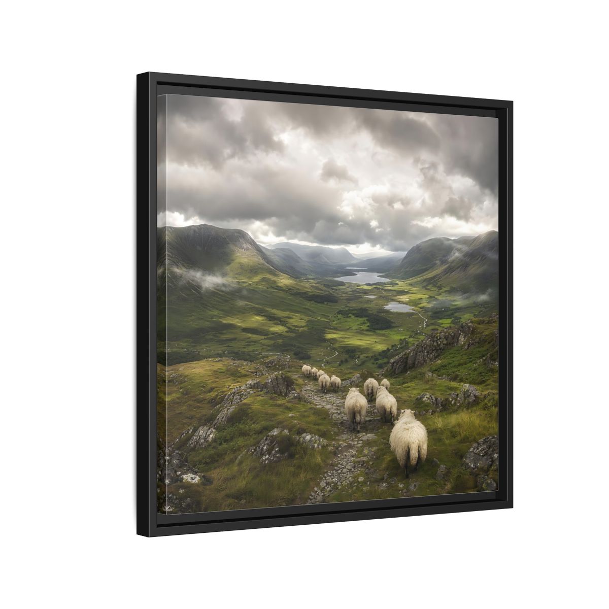 Side Mockup 12. Nature Sheep Green Valley Sheep shown as stretched canvas wall art
