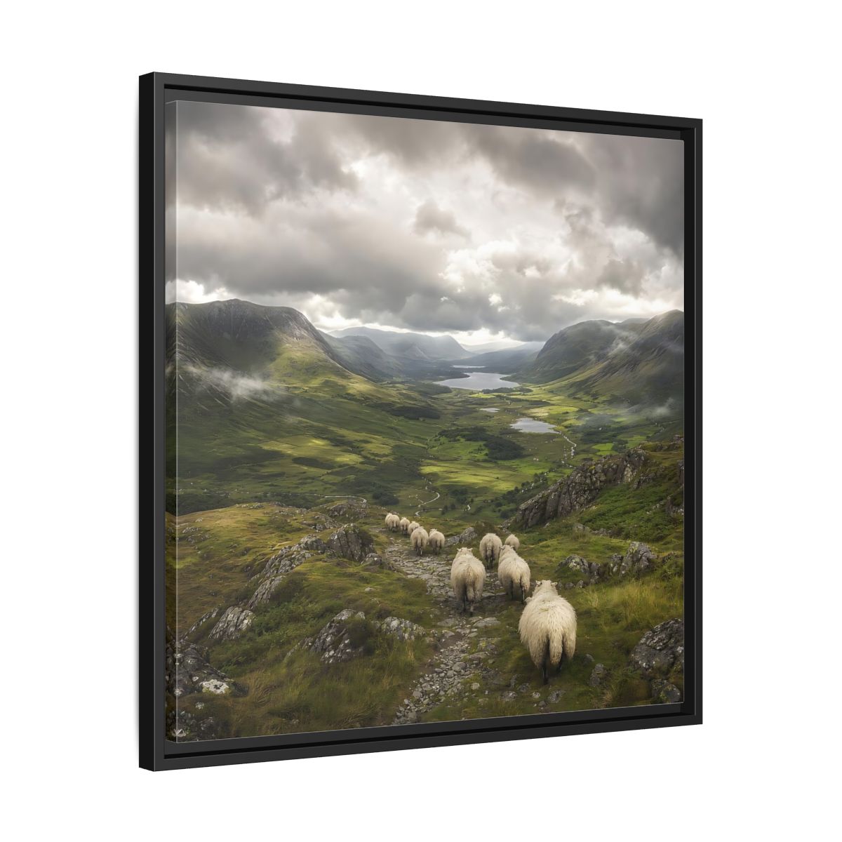 Side Mockup 31. Nature Sheep Green Valley Sheep shown as stretched canvas wall art