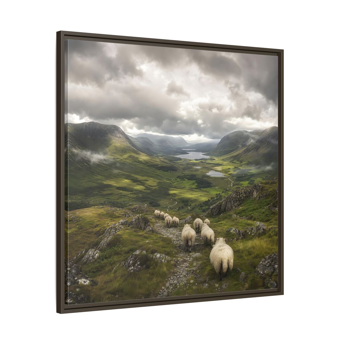 Main Mockup. Nature Sheep Green Valley Sheep shown as stretched canvas wall art