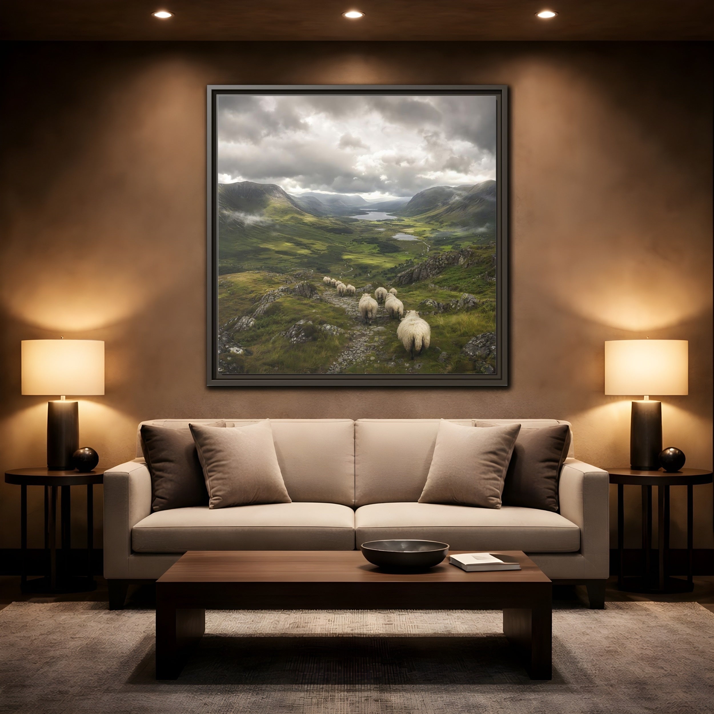 Mockup 2. Nature Sheep Green Valley Sheep shown as stretched canvas wall art