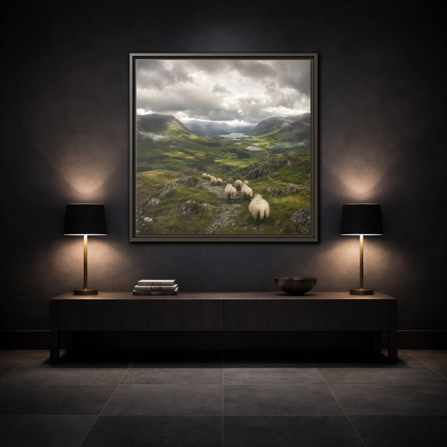 Mockup 3. Nature Sheep Green Valley Sheep shown as stretched canvas wall art