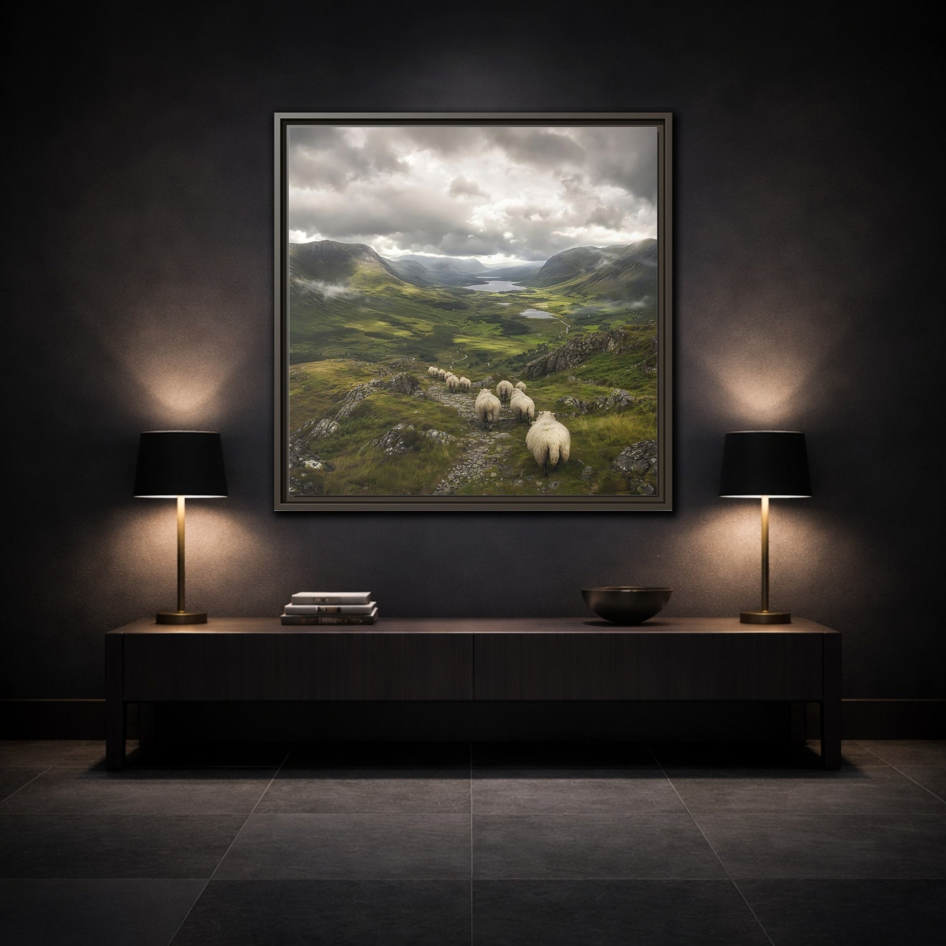 Mockup 3. Nature Sheep Green Valley Sheep shown as stretched canvas wall art