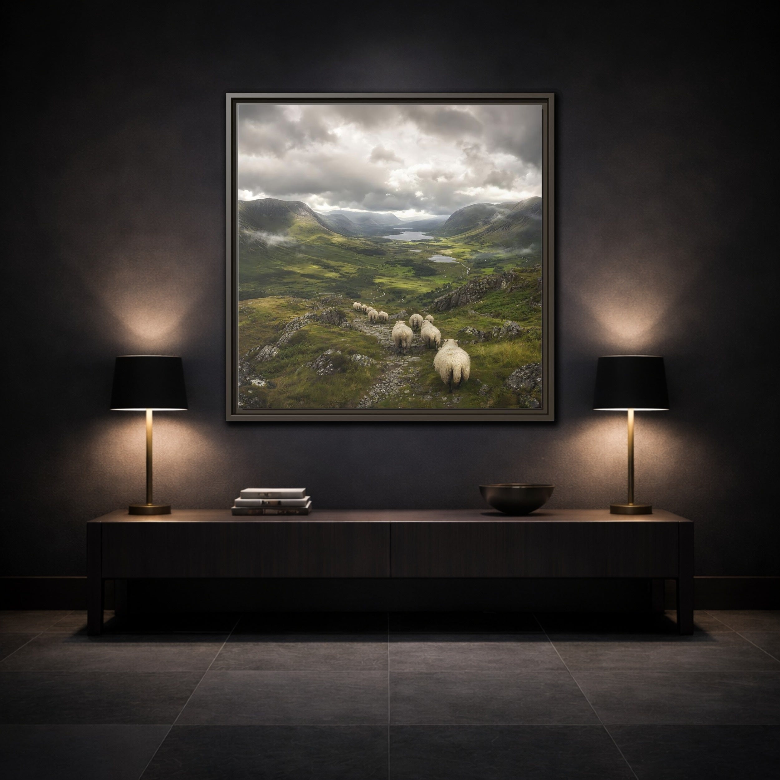 Mockup 3. Nature Sheep Green Valley Sheep shown as stretched canvas wall art