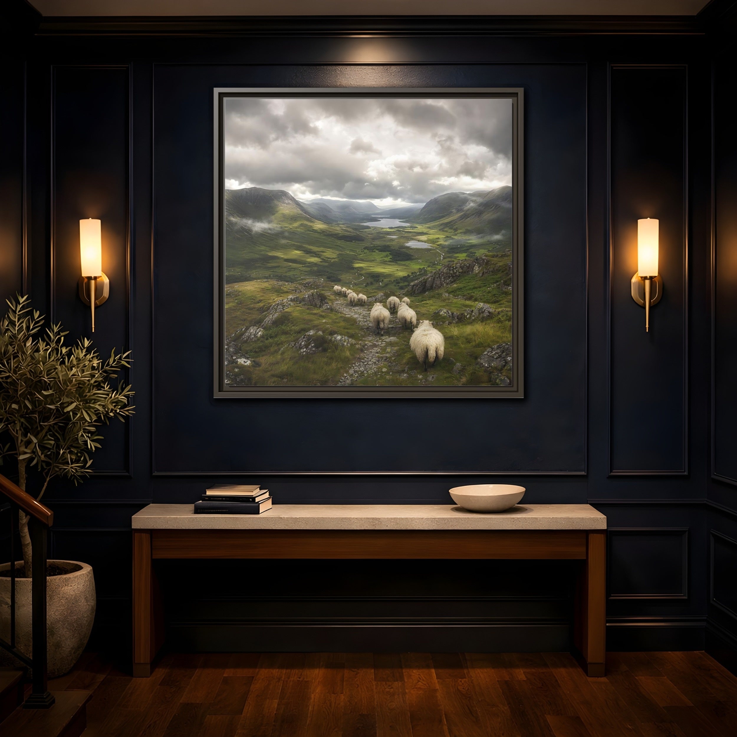 Mockup 4. Nature Sheep Green Valley Sheep shown as stretched canvas wall art