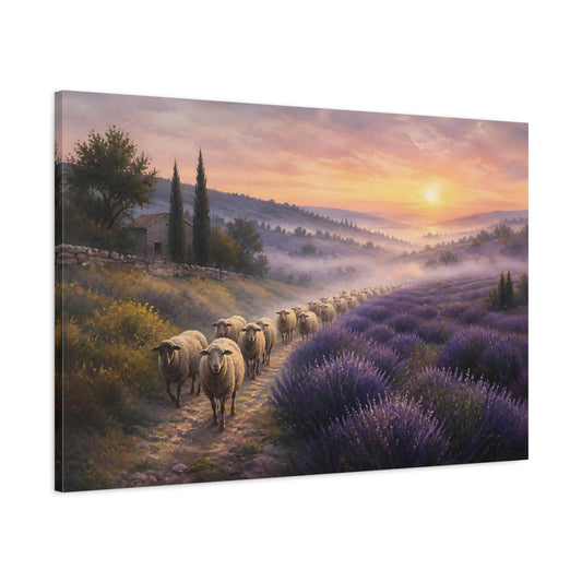 Main Mockup. Nature Sheep Herd Purple Lavender Sunset shown as stretched canvas wall art