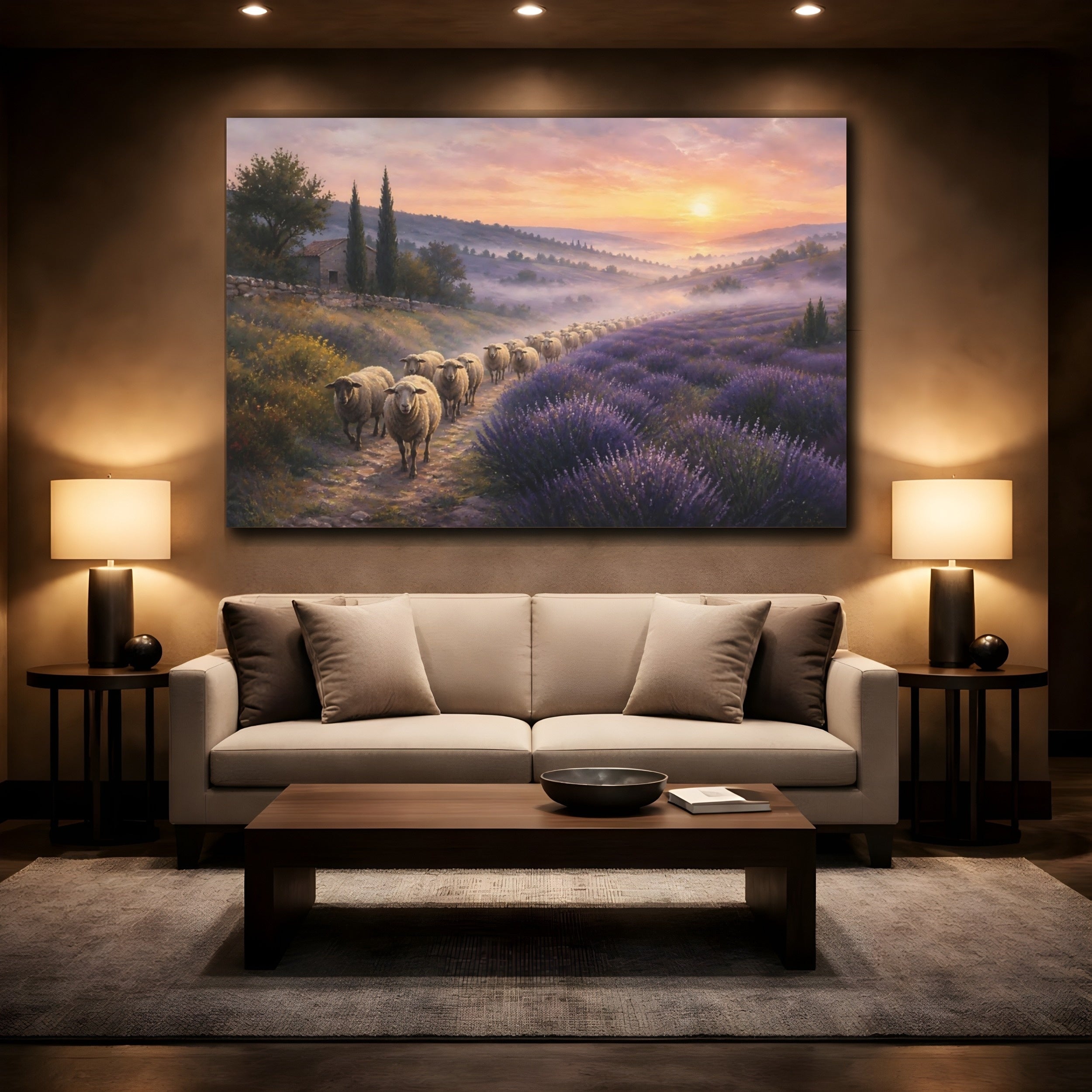 Mockup 2. Nature Sheep Herd Purple Lavender Sunset shown as stretched canvas wall art