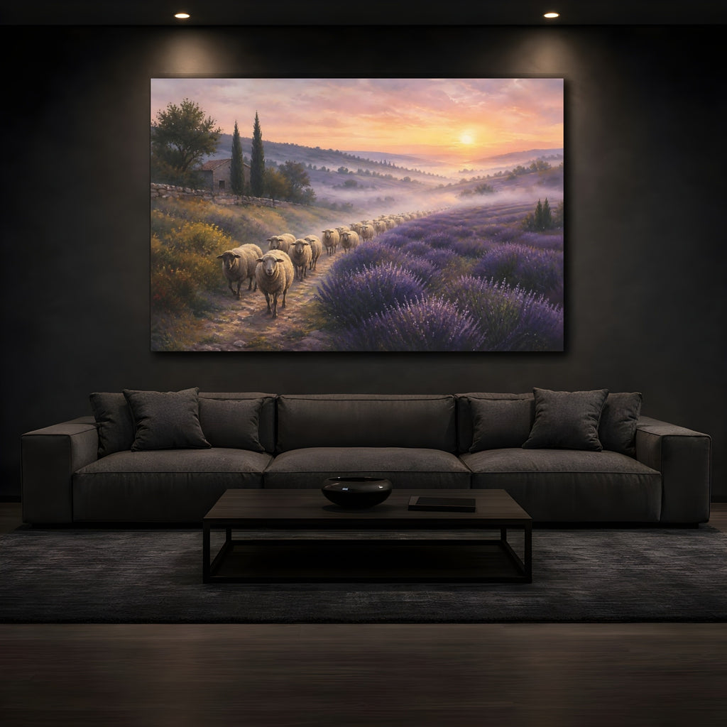Mockup 3. Nature Sheep Herd Purple Lavender Sunset shown as stretched canvas wall art