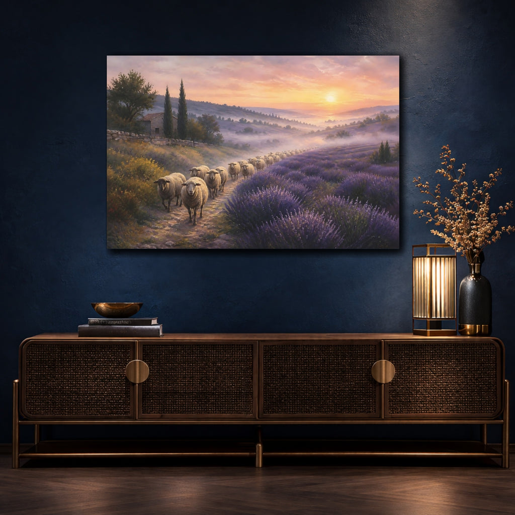 Mockup 4. Nature Sheep Herd Purple Lavender Sunset shown as stretched canvas wall art